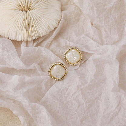 White Resin & Goldtone Square Stud Earrings