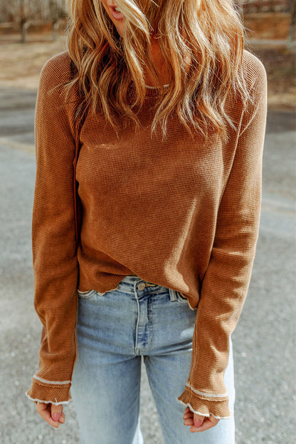 Threaded Pear Cataleya Textured Round Neck Long Sleeve Top
