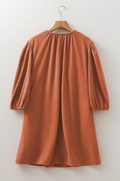 Threaded Pear Alyssa Split Neck Scallop Detail Pleated Corduroy Mini Dress