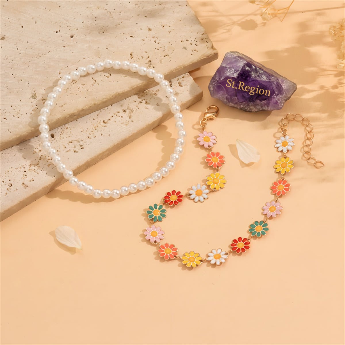 Pearl & Multi-Colored Enamel Goldtone Mum Stations Anklet Set