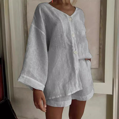Women's Cotton Linen Shirt & Shorts Set – Long Sleeve, Button, Casual 2-Piece