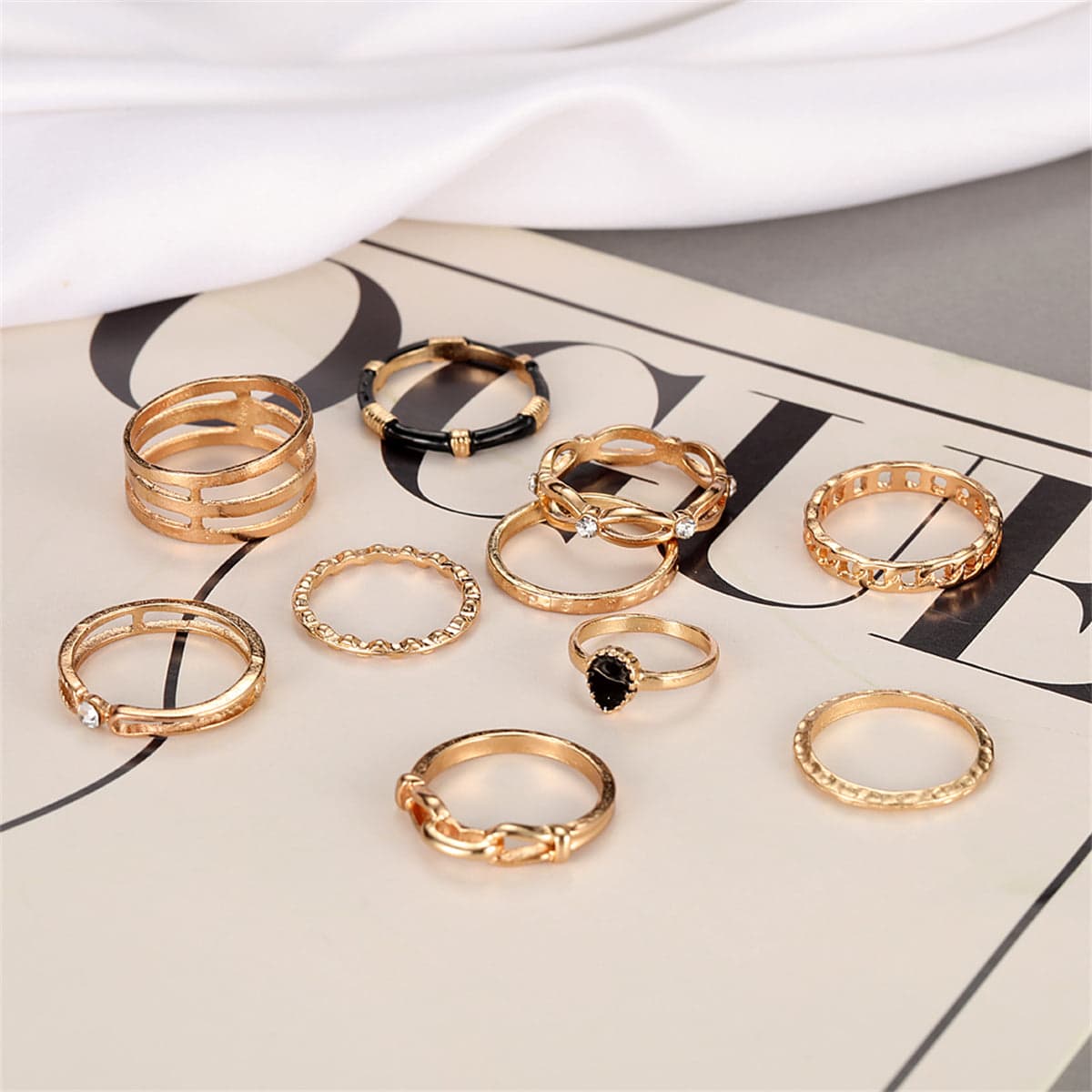 Cubic Zirconia & Enamel Goldtone Layered Ring Set