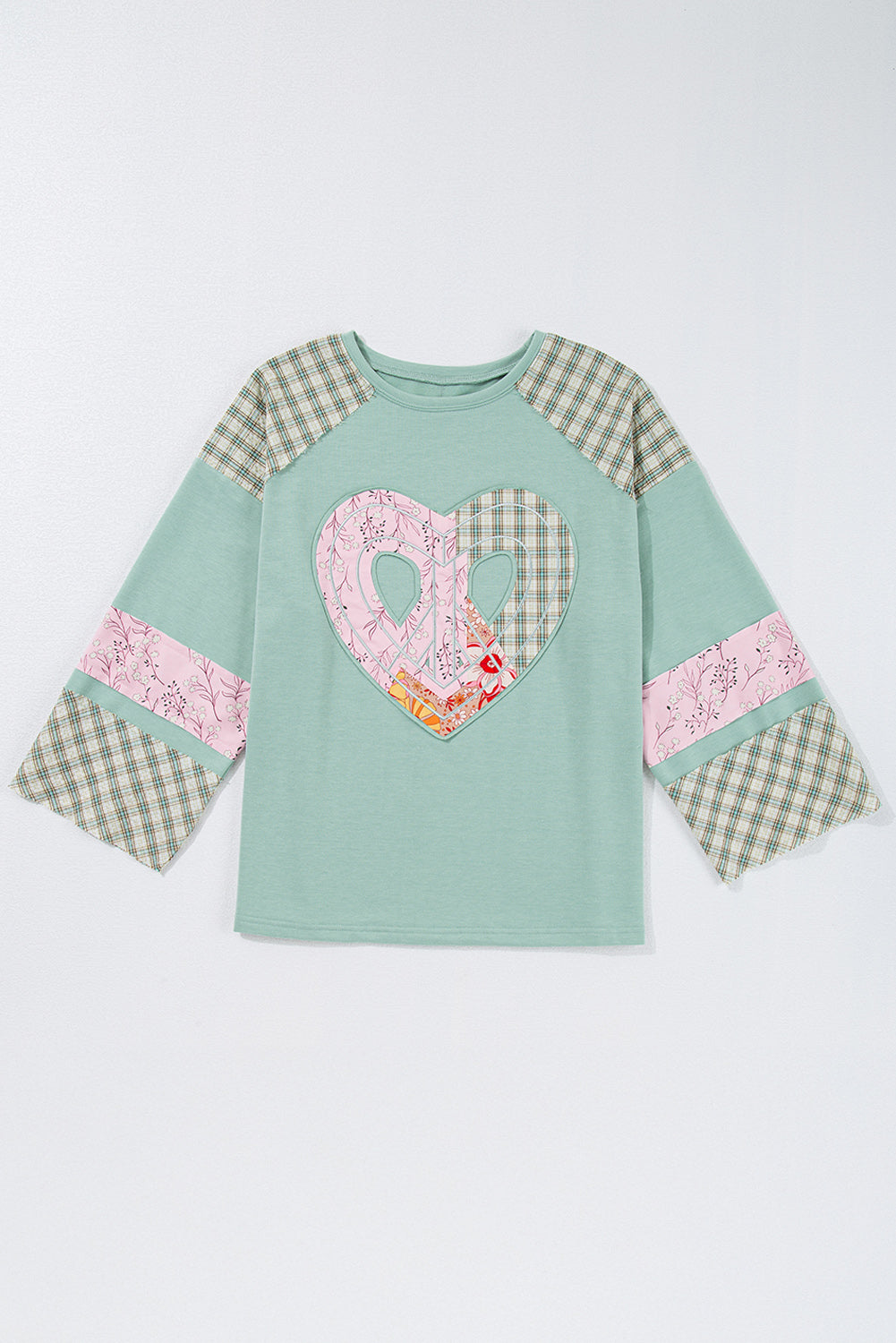 Threaded Pear Emilia Plaid Floral Peace Heart Long Sleeve Top