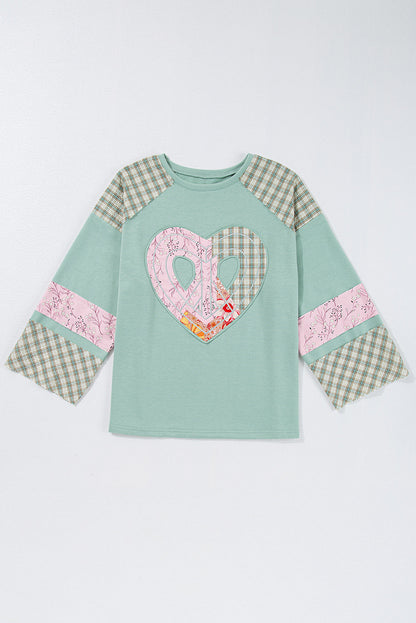 Threaded Pear Emilia Plaid Floral Peace Heart Long Sleeve Top