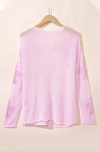 Threaded Pear Dulce Big Flower Hollowed Knit Drop Shoulder Sweater