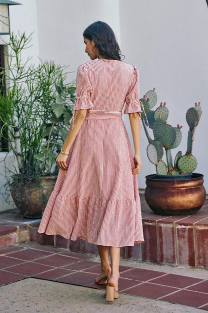 SO ME Stripe Textured Short Sleeves Lined Wrap Midi Dress