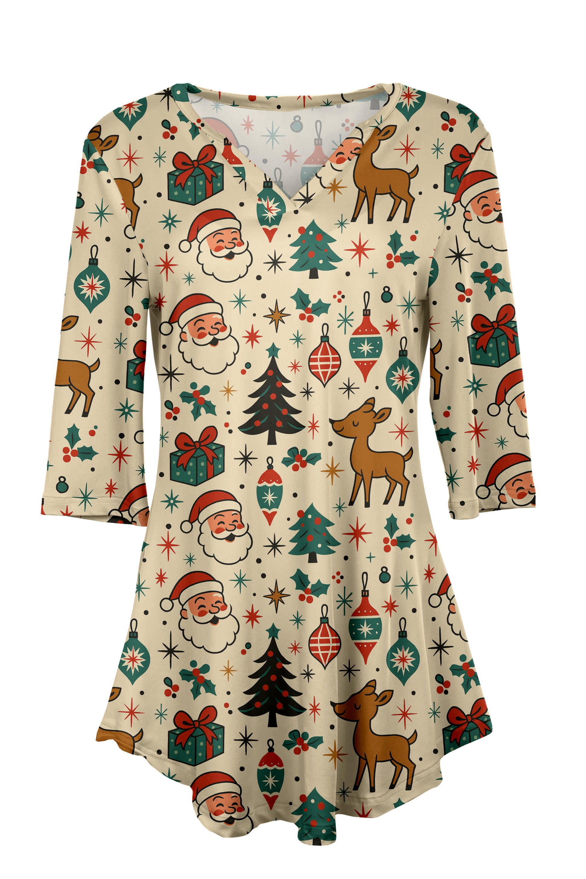 Lily by Firmiana Women's 3/4 Sleeve Notch Neck Tunic Beige Christmas Tree Village Holiday Print Beige Christmas Tree Village Holiday Print / XL