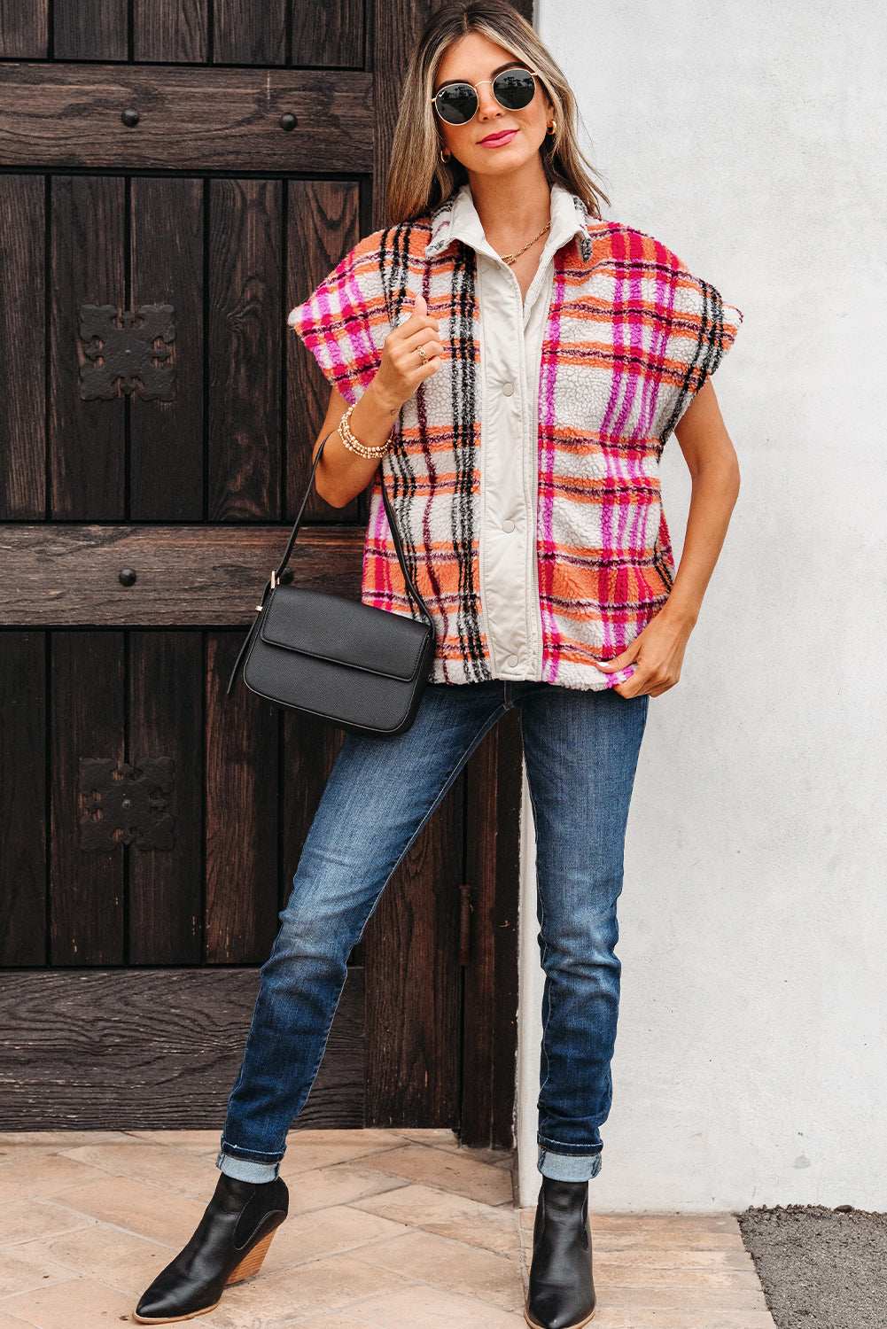 Threaded Pear Molly Sherpa Plaid Jacket Vest