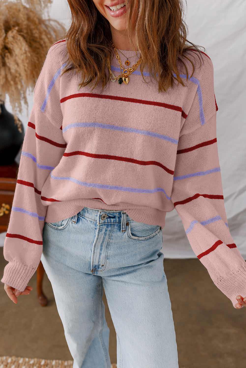 Amyra Edge Drop Shoulder Sweater - Pink Stripe / L - 12/14