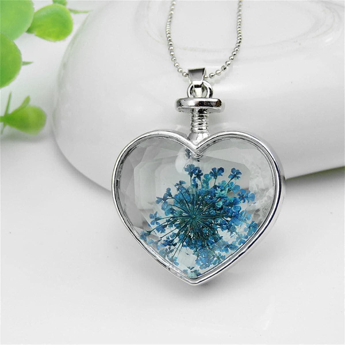 Blue Pressed Gypsophila & Silvertone Heart Pendant Necklace