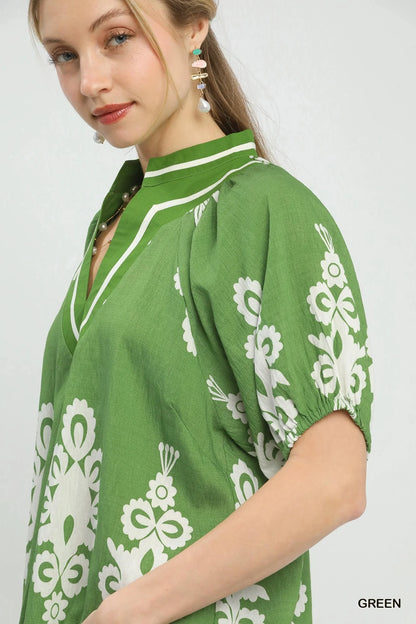 Umgee Boho Print Split-Neck Short Sleeve Top