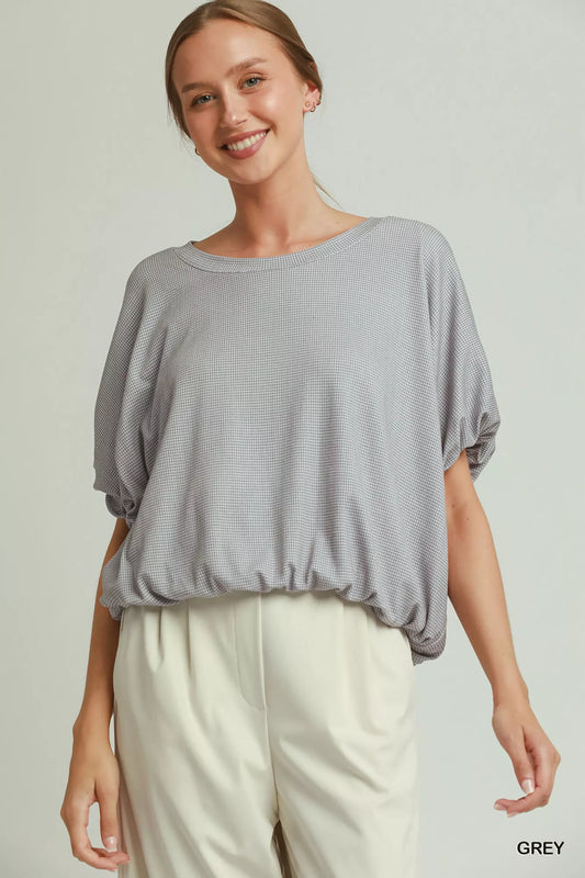 Umgee Mini Texture Checkered Bubble Hem Top in Grey
