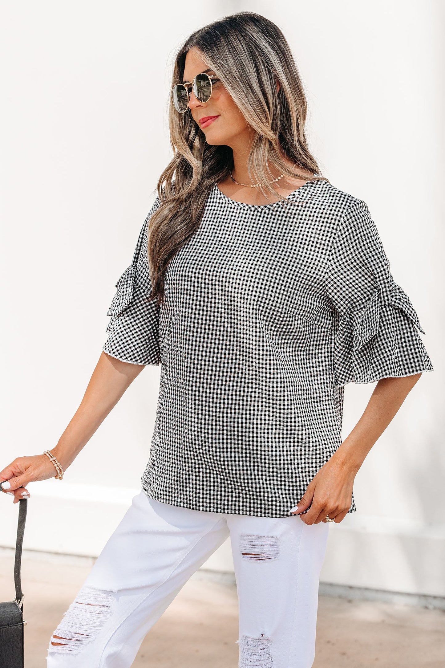 Threaded Pear Carolina Ruffled Half Sleeve Blouse