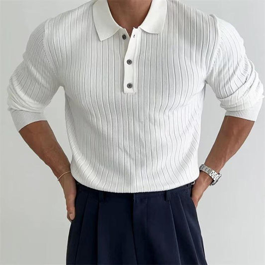 Men's Polo Shirt - Lapel Button Long Sleeve Slim Fit