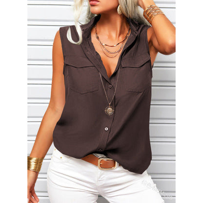 Women's Lapel Collar Sleeveless Top – Loose Fit, Pockets, Solid Color