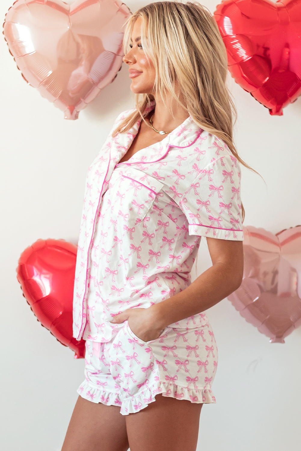 Threaded Pear Bow Short Sleeve and Ruffled Shorts Pajama Set
