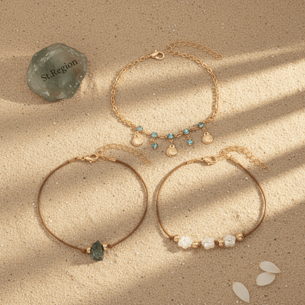 White Resin & Cubic Zirconia Quartz Goldtone Flower Shell Tassel Anklet Set