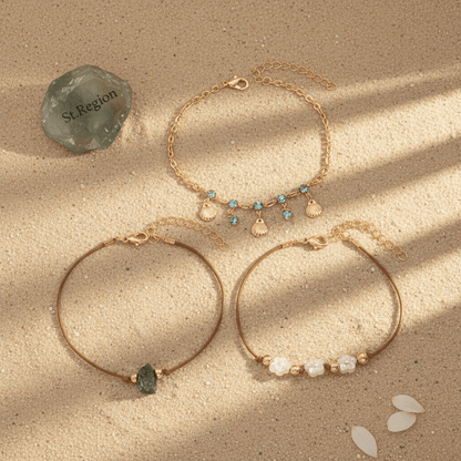 White Resin & Cubic Zirconia Quartz Goldtone Flower Shell Tassel Anklet Set