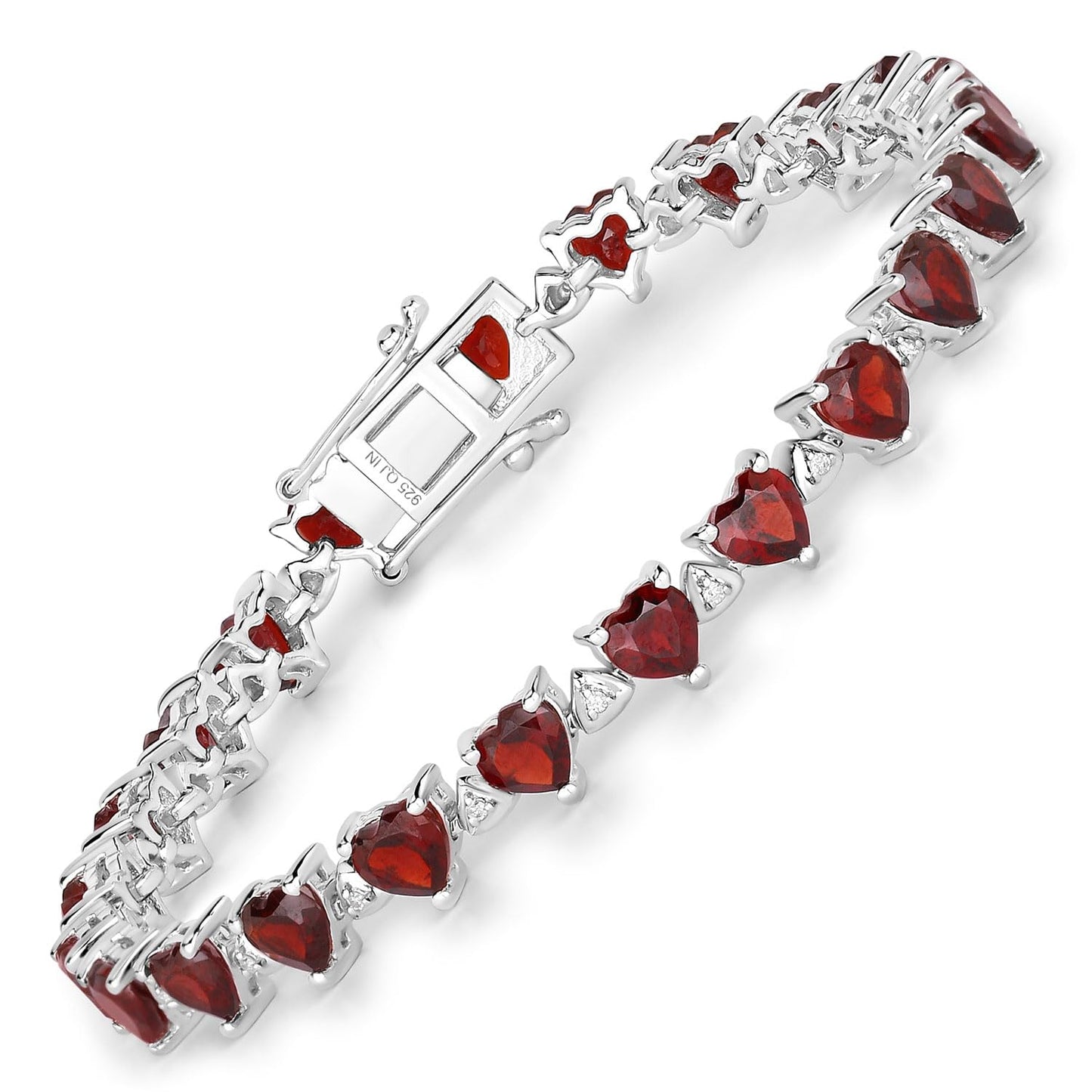 Heart Red Garnet Prong Sterling Silver Box Clasp Tennis Bracelet