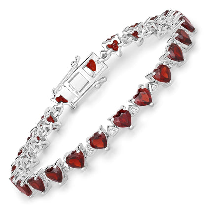 Heart Red Garnet Prong Sterling Silver Box Clasp Tennis Bracelet