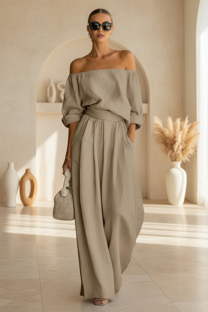 Women's Off-Shoulder Puff Sleeve Blouson Top & High-Rise Wide-Leg Pants Cotton-Linen Set