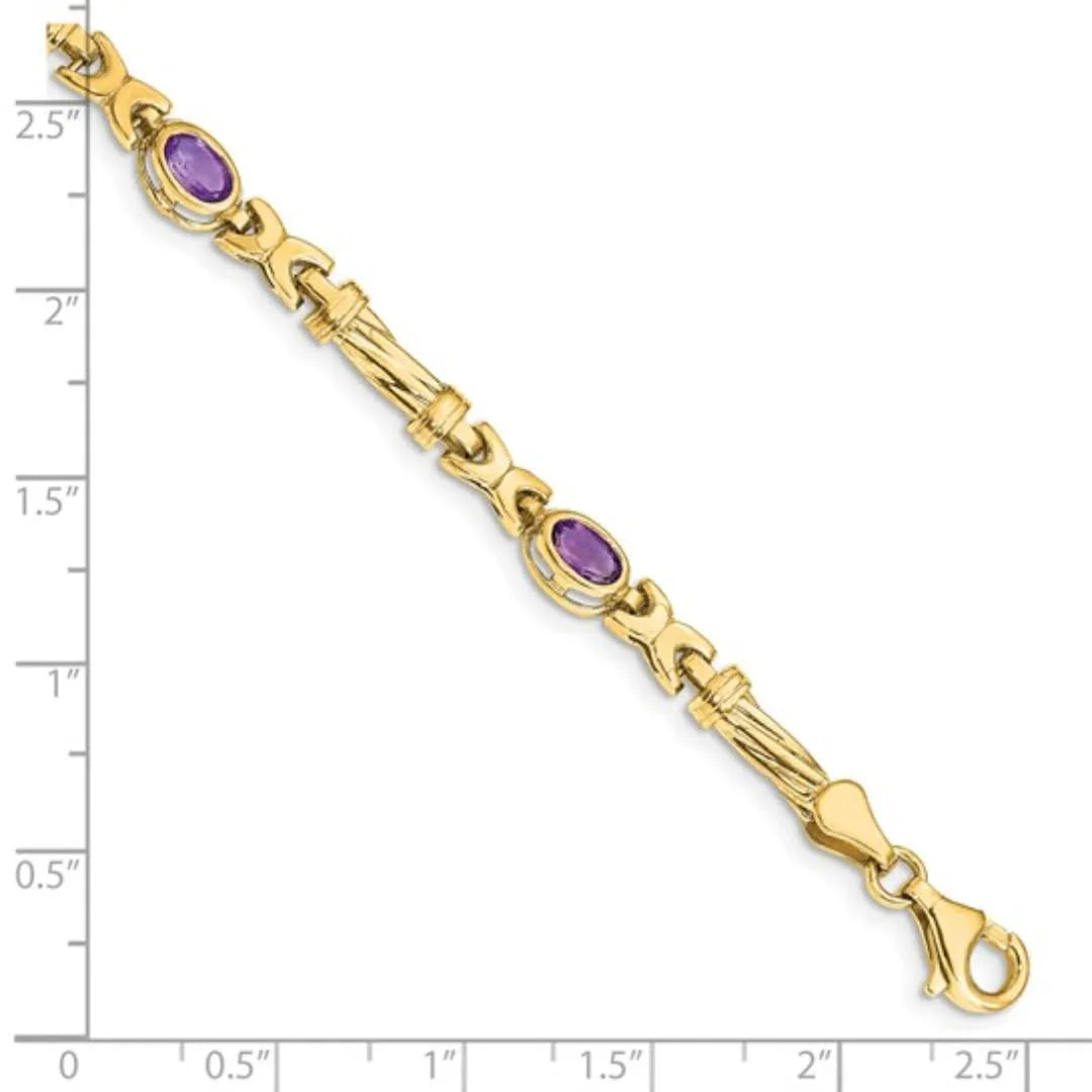 Oval Purple Amethyst Bezel 10K Yellow Gold Fancy Link Bracelet