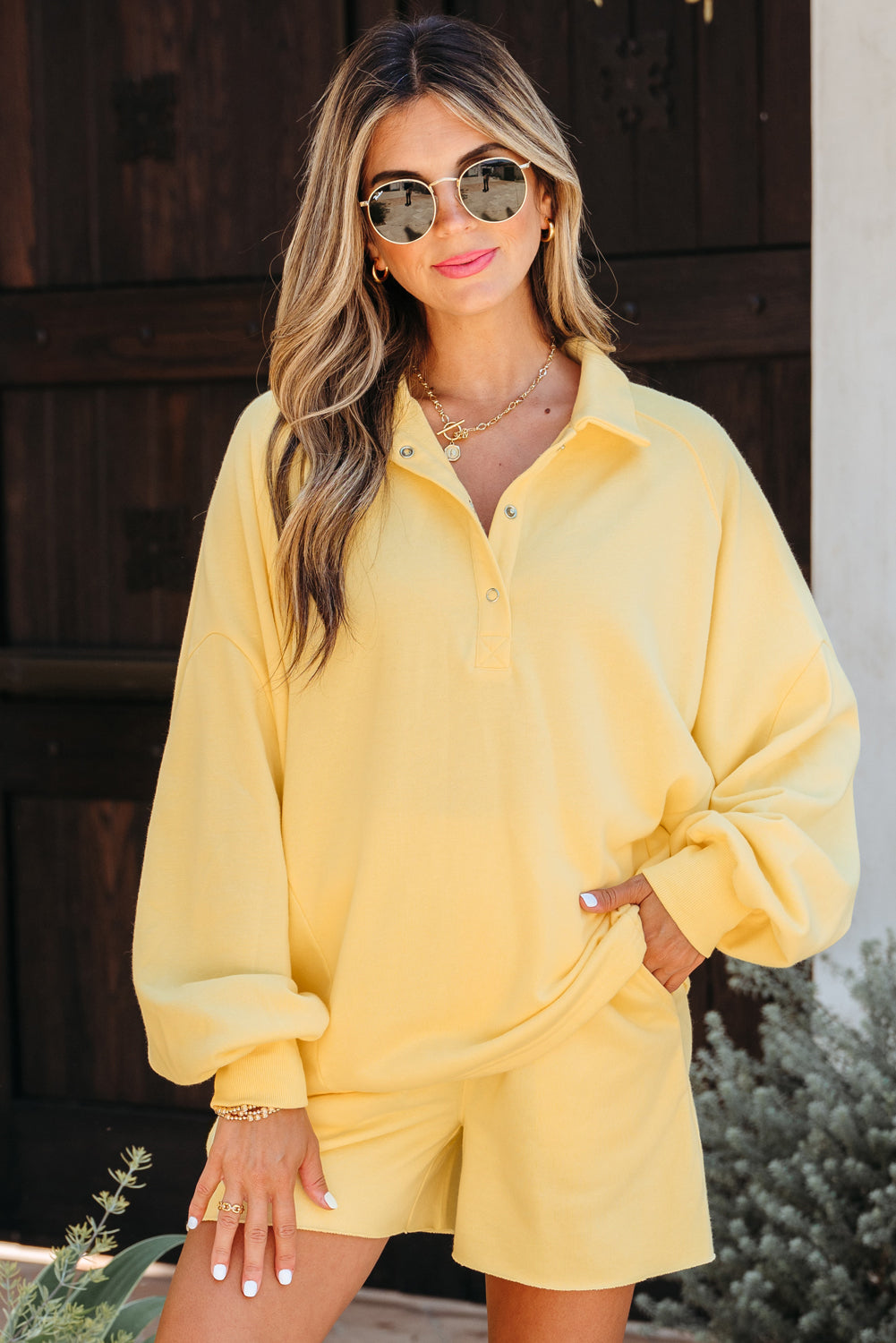 Threaded Pear Kylie Button Collar Drop Shoulder Pullover and Shorts 2pcs Outfit