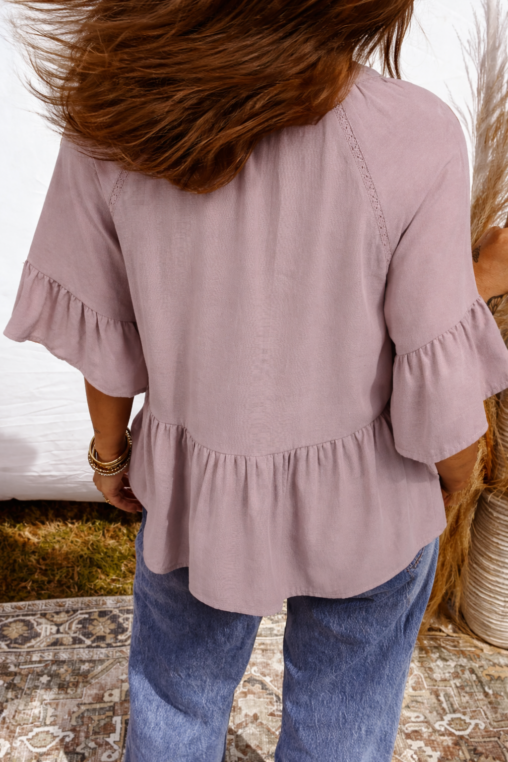 Threaded Pear Ainsley Slit Ruffled Loose Blouse