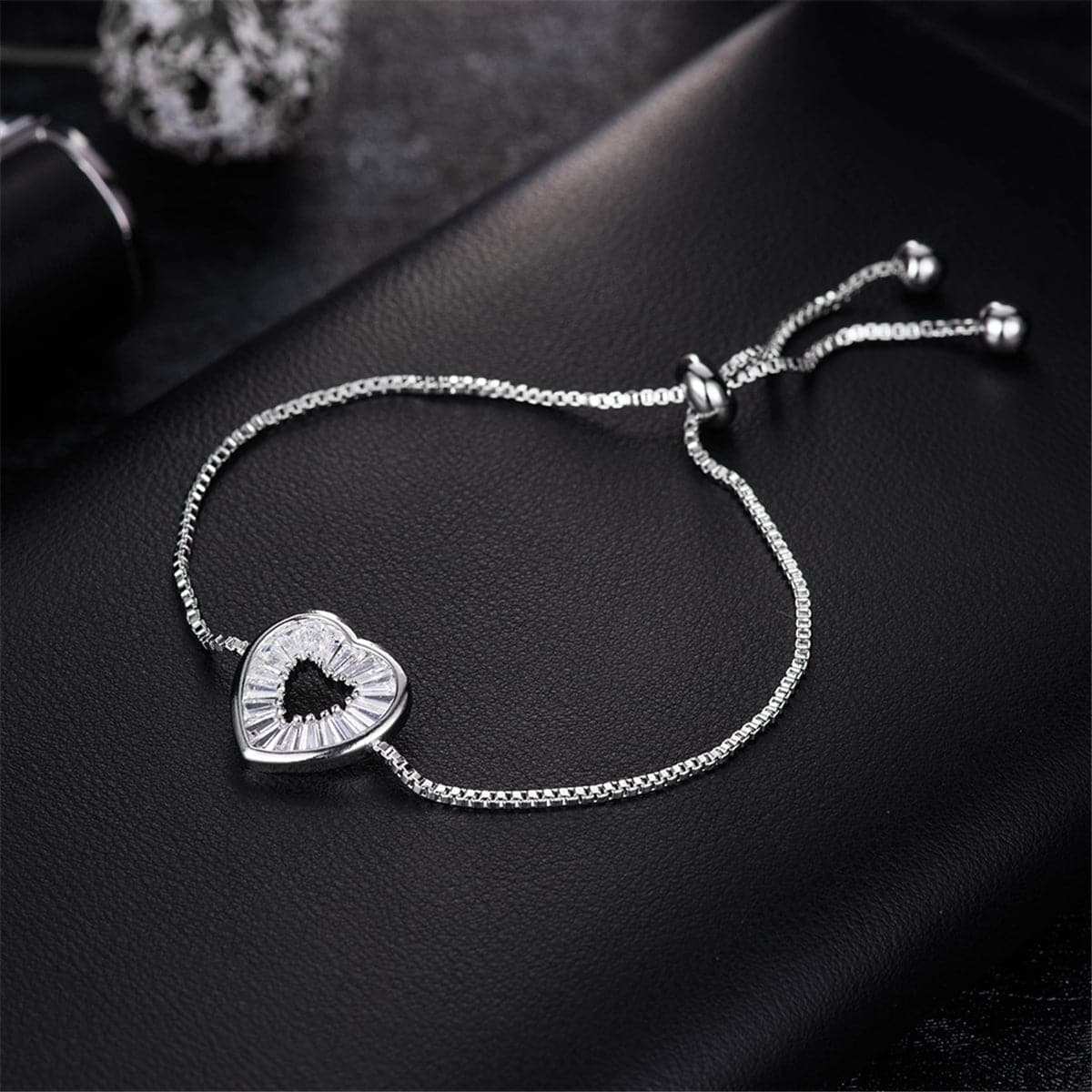 Crystal & Silvertone Hollow Heart Adjustable Charm Bracelet