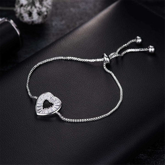 Crystal & Silvertone Hollow Heart Adjustable Charm Bracelet