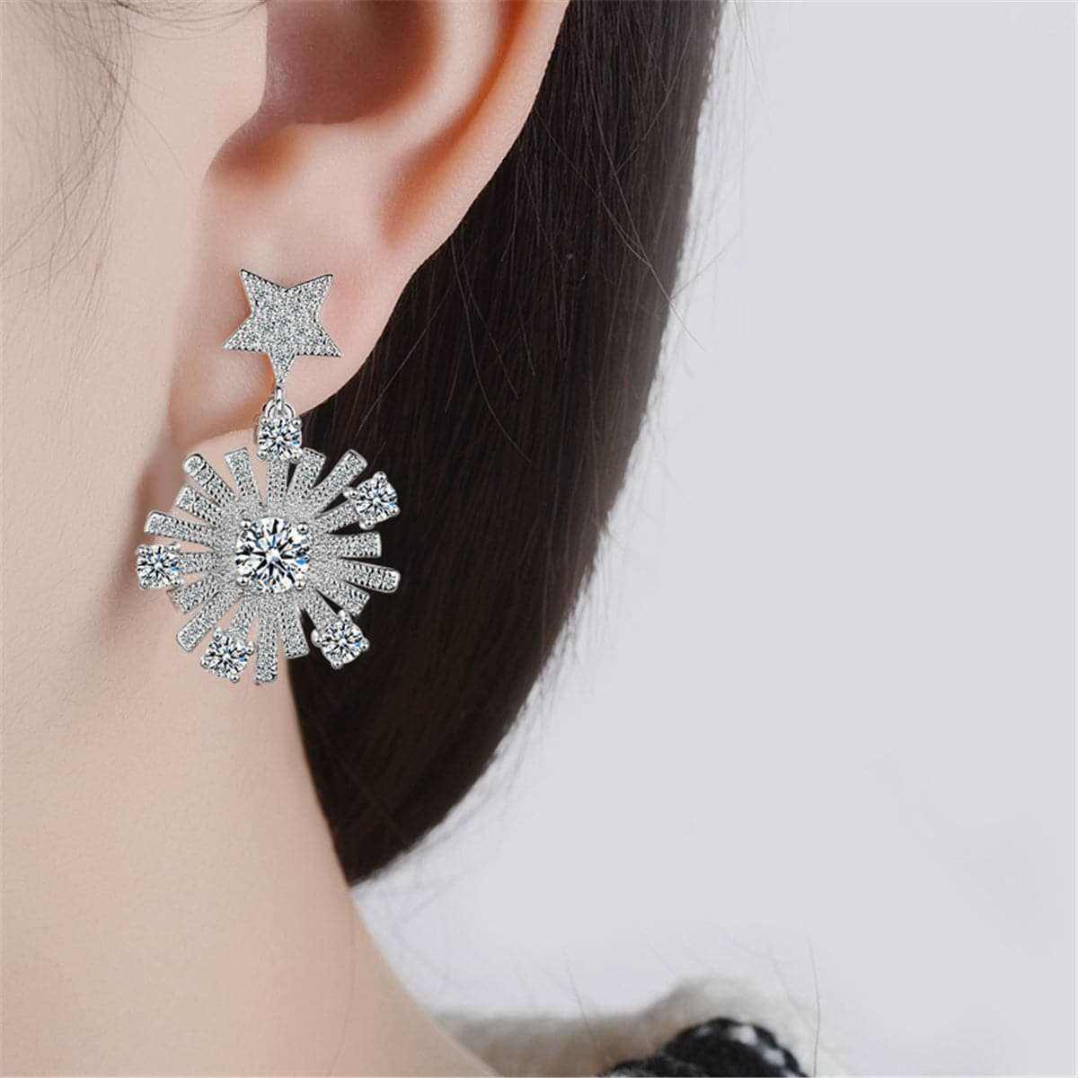 Cubic Zirconia & Silvertone Star Under Moon Drop Earrings