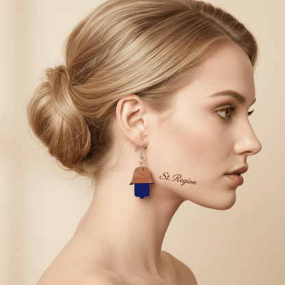 Blue Resin & Wood Silvertone Patchwork Hamsa Hook Earrings