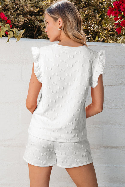Threaded Pear Ocean Bow Jacquard Ruffle Sleeve Short 2pcs Outfit
