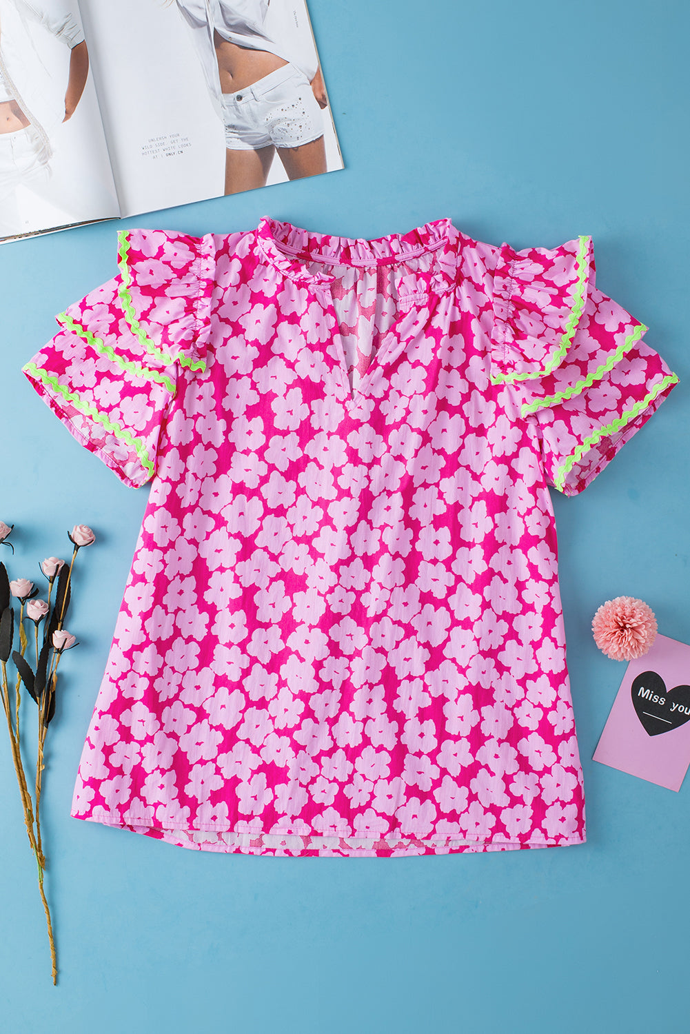 Threaded Pear Capri Floral Ric Rac Ruffle Sleeve Blouse