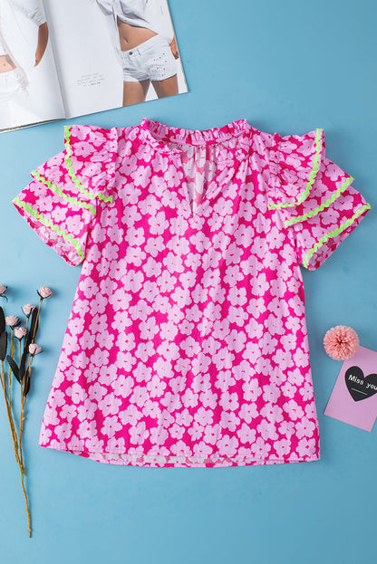 Threaded Pear Capri Floral Ric Rac Ruffle Sleeve Blouse