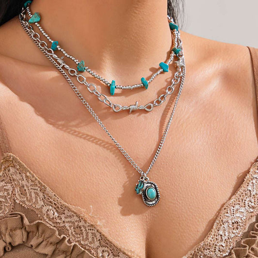 Turqouise & Silvertone Beads Knot Cactus Oval Pendant Necklace Set