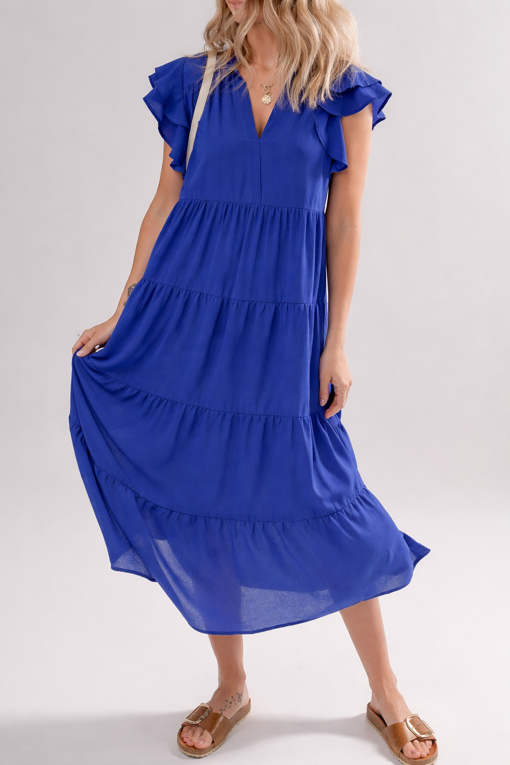 Threaded Pear Zelda Collared Tiered Midi Dress