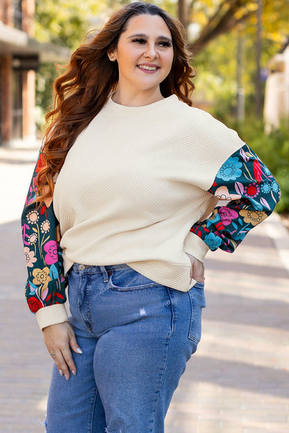 Threaded Pear White Floral Patchwork Sleeve Textured Plus Size Pullover Top