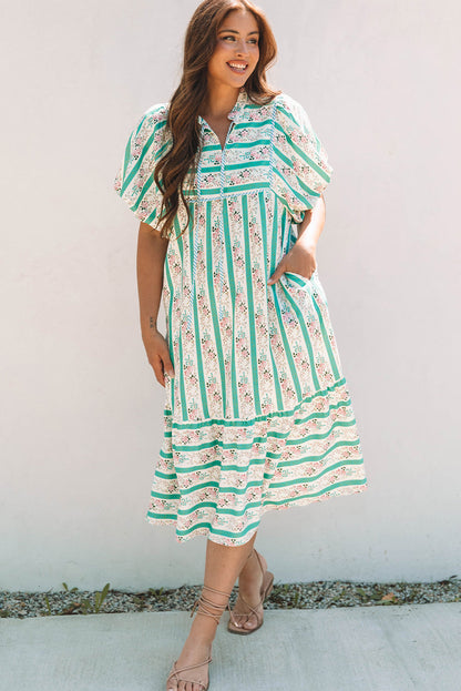 Threaded Pear Billie Striped Floral Tie Split Neck Puff Sleeve Midi Dress