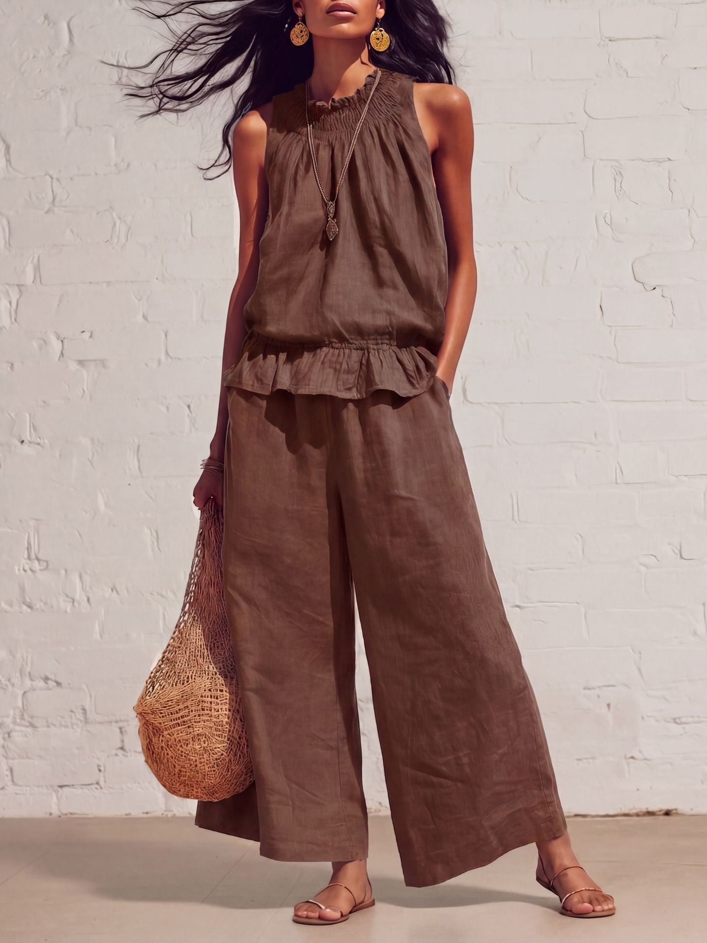 Women's Smocked Neckline Ruffle Hem Linen Tank & Wide-Leg Cropped Pants Set