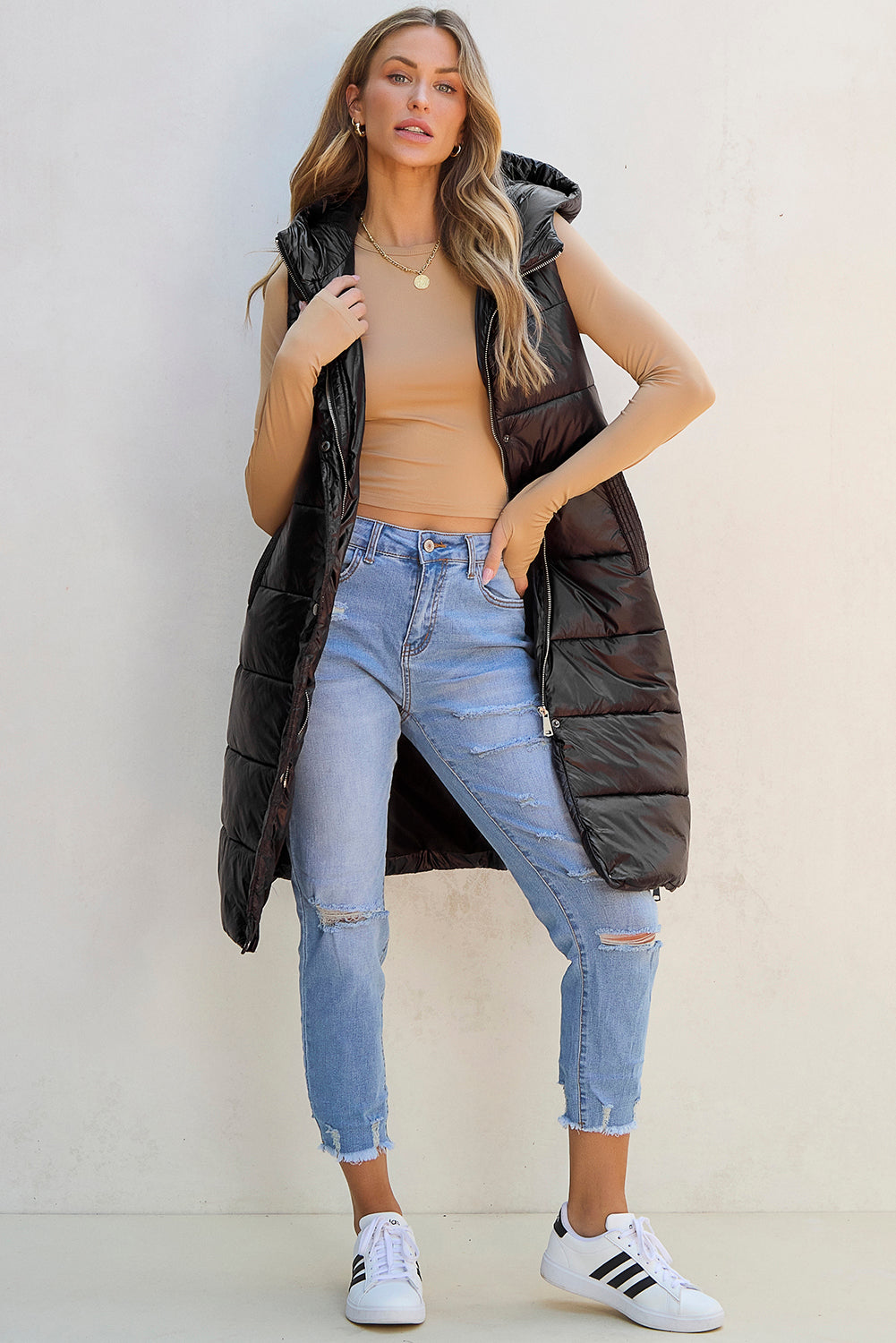 Threaded Pear Black Hooded Long Quilted Vest PLUS Coat