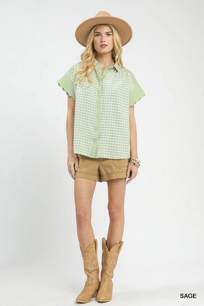 Umgee Mixed Gingham Short Sleeve Shirt