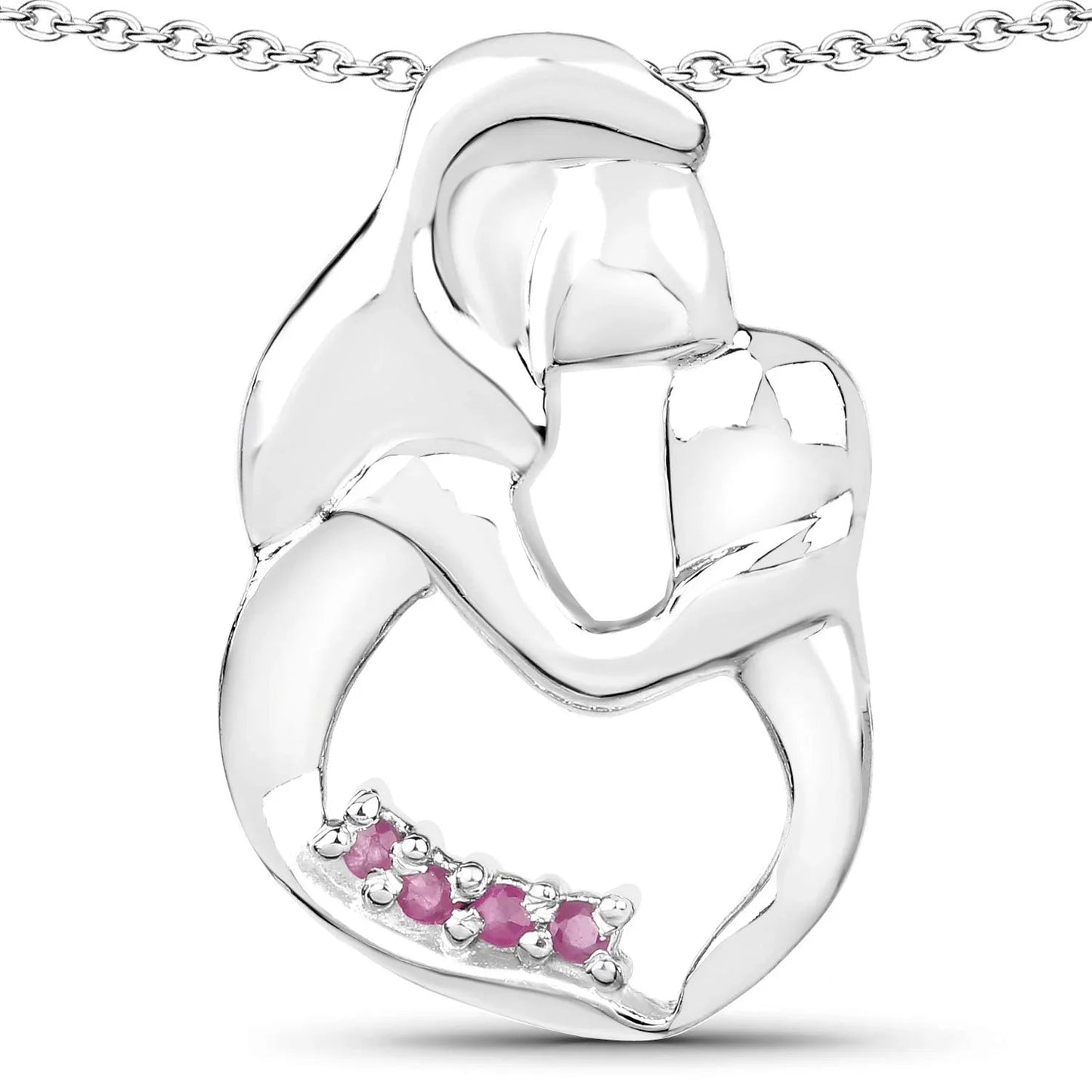 Round Pink Ruby Prong Silver Mom Pendant Necklace
