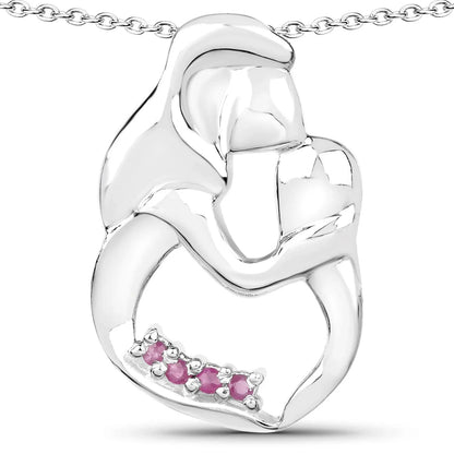 Round Pink Ruby Prong Silver Mom Pendant Necklace