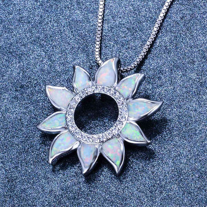 Opal & Cubic Zirconia Open Sunflower Pendant Necklace