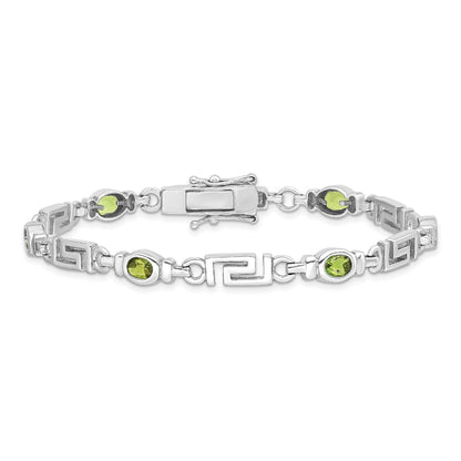 Oval Olive Green Peridot Bezel Sterling Silver Greek Key Link Bracelet