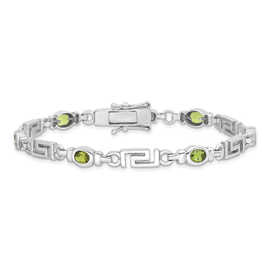 Oval Olive Green Peridot Bezel Sterling Silver Greek Key Link Bracelet