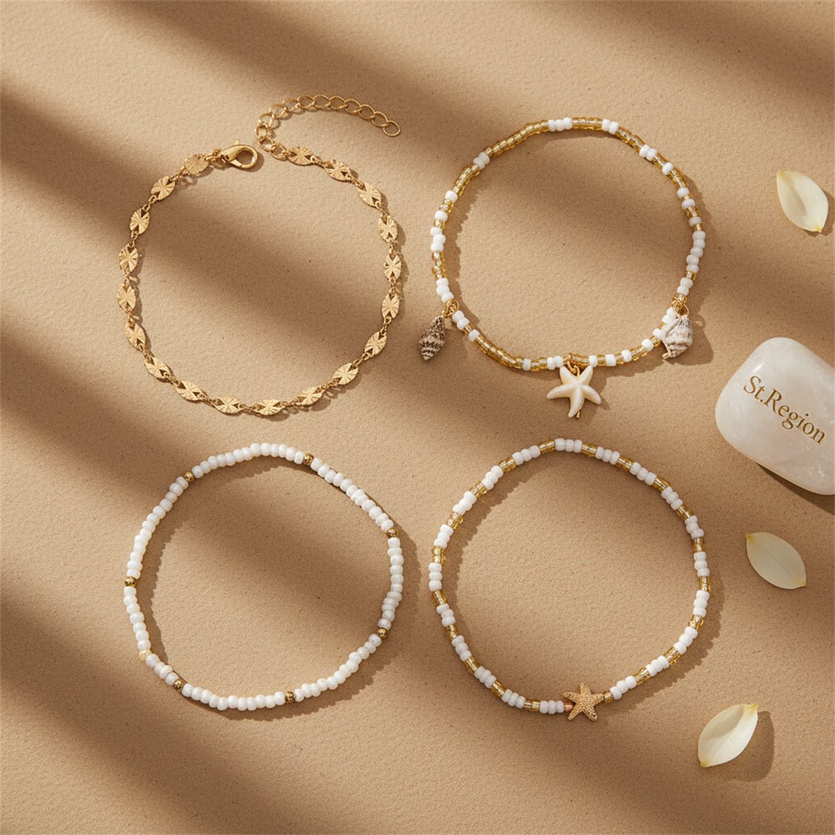 White Howlite & Acrylic Shell Goldtone Starfish Charm Stretch Anklet Set