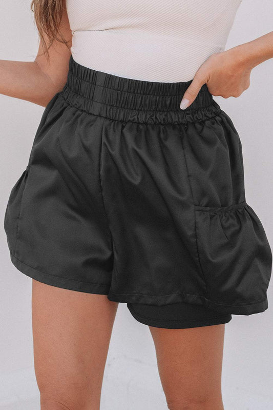 Threaded Pear Maxine Elastic High Waist Pocketed Casual Shorts