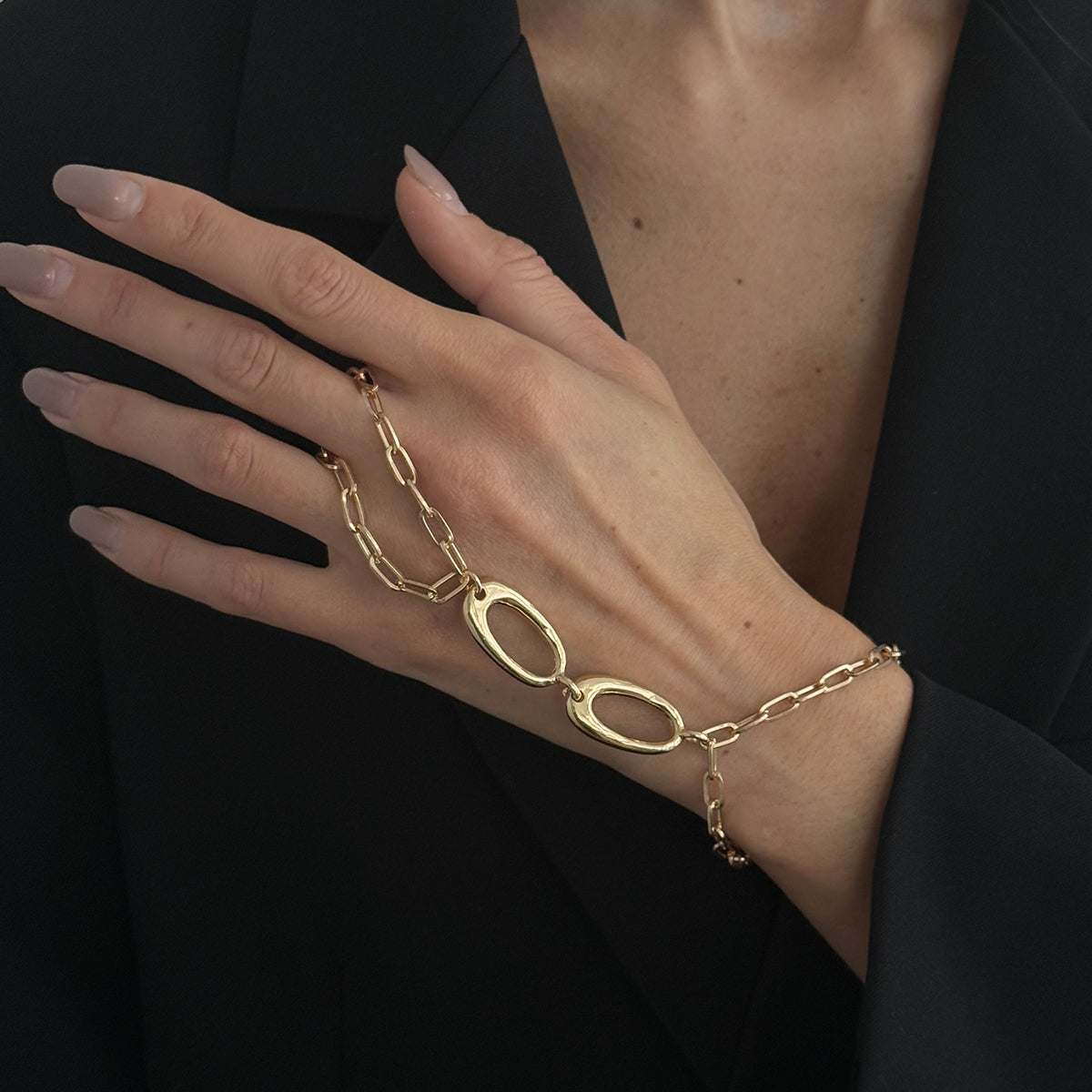 Goldtone Open Oval Finger-to-Wrist Bracelet